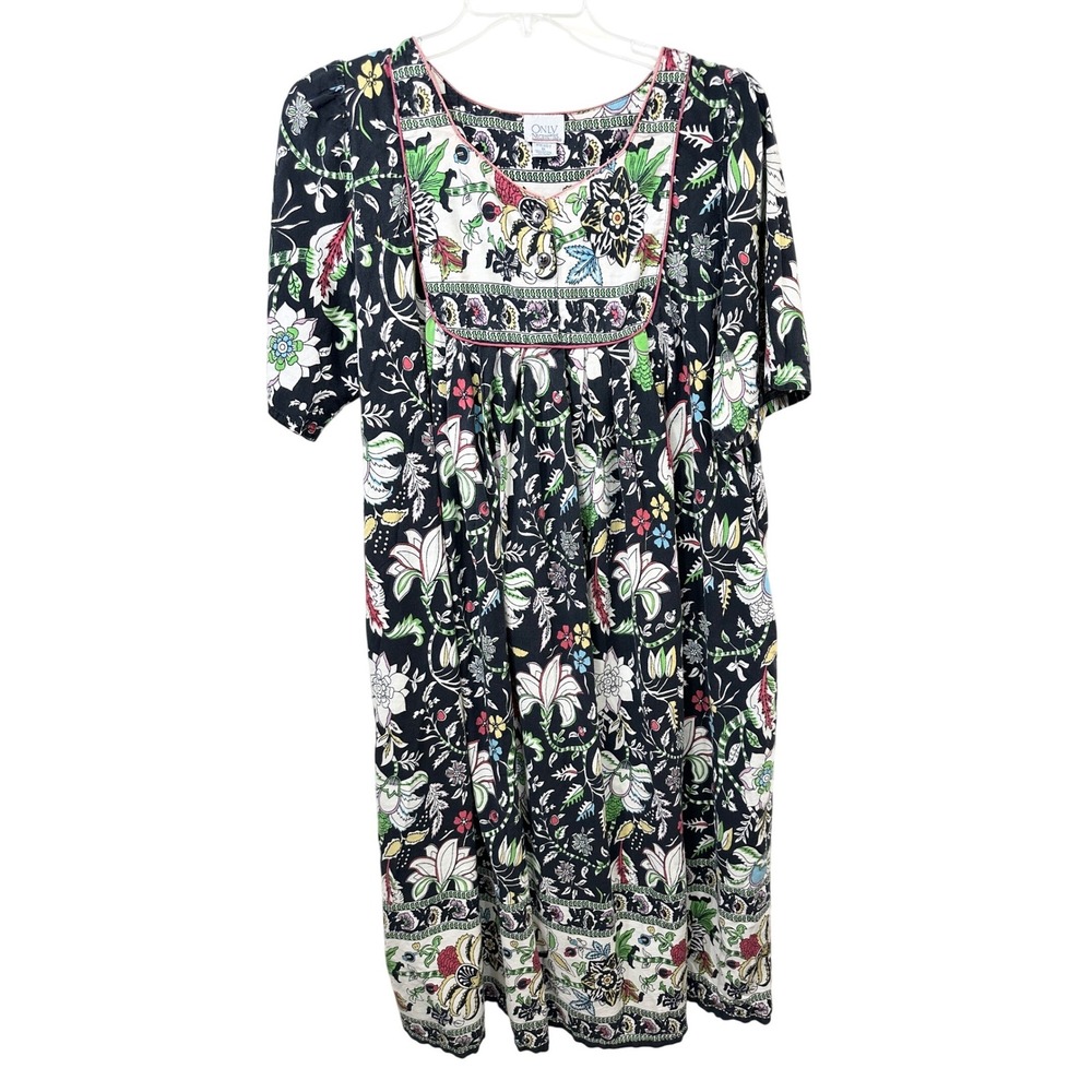 VTG Only Necessities Plus Size 1X Maxi Dress Floral Cotton Mumu Black Tunic 1383
